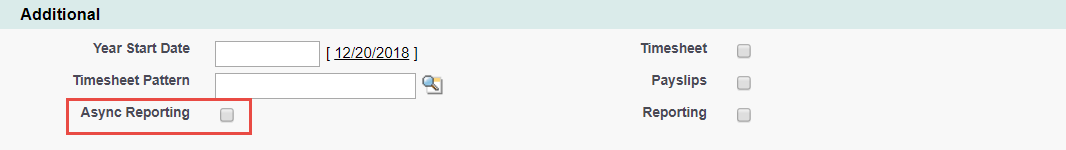 Screenshot: Policy options in the Additional section, with the Async Reporting option highlighted