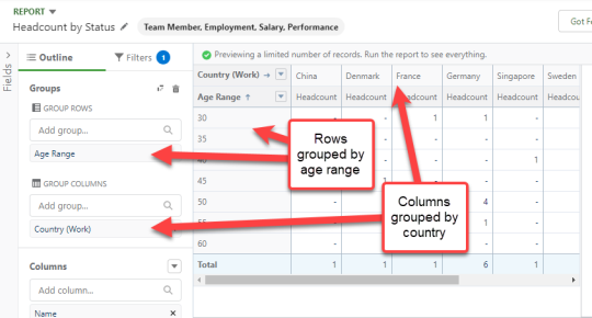 Screenshot: grouping columns in a report