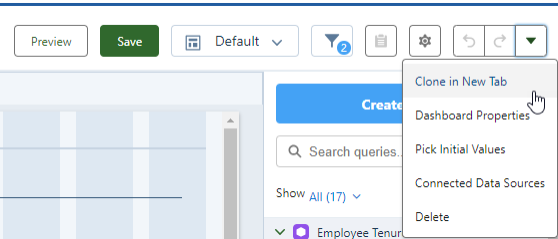 Screenshot: Clone in New Tab menu option for a dashboard