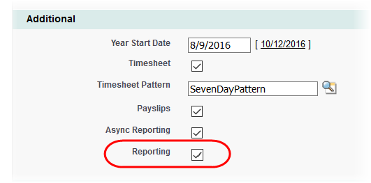 Screenshot: Policy, Additonal section, Reporting checkbox checked