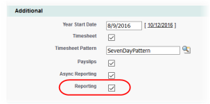 Screenshot: Policy, Additonal section, Reporting checkbox checked