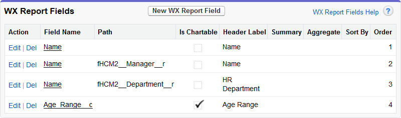 Screenshot: WX Report Fields on the WX Report Details page
