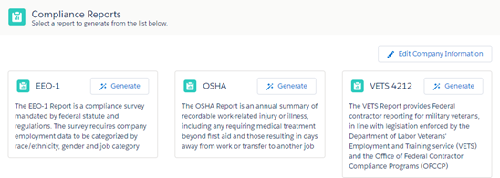 Screenshot: Compliance Reports page showing the available report types