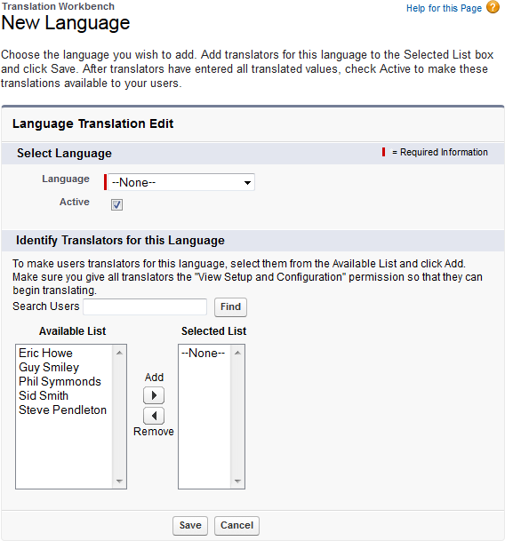 New Language screen in Translation Workbench