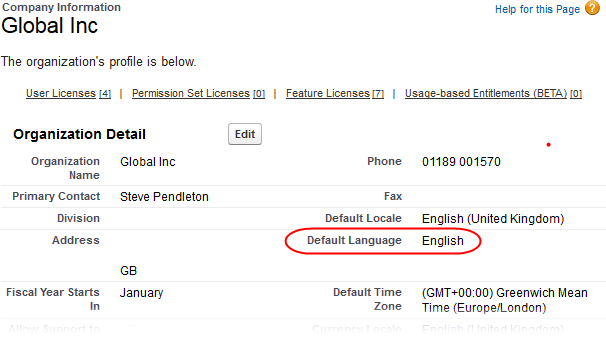 Company Information page, with the Default Language field circled in red