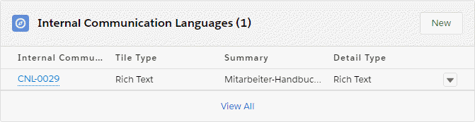 Internal Communication Languages Related List showing one Internal Communication Language