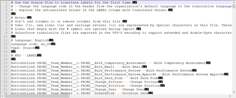 A section of a Salesforce Translation File (STF) open in a text editor