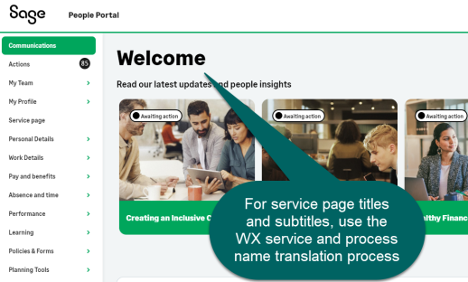 Annotated screenshot: WX Service Page title and subtitle translation