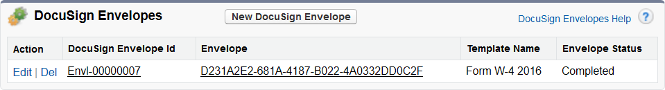 Screenshot: DocuSign Envelopes related list on an object set as Return to... object for DocuSign forms