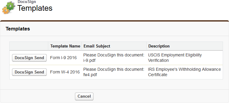 Screenshot: A list of DocuSign templates available after selecting DocuSign Send