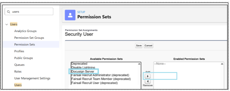 Adding Docusign Server permission set to users.