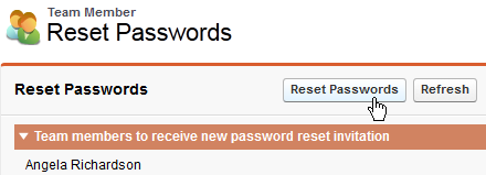 Screenshot: Selecting Reset Passwords to confirm password reset for selected Team Members