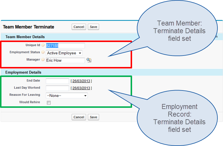 Annotated screenshot: Team Member Terminate page with fields in the Terminate Details field sets highlighted