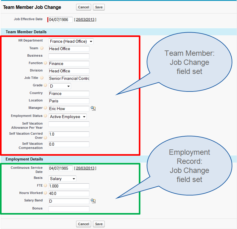 Annotated screenshot: Team Member Job Change page with the fields in Job Change field sets highlighted