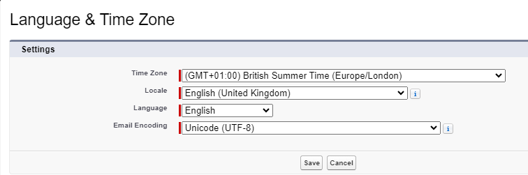 Screenshot: Language & Time Zone settings for a user