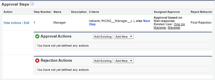 Screenshot: Approval actions and rejection actions for an approval step in an approval process