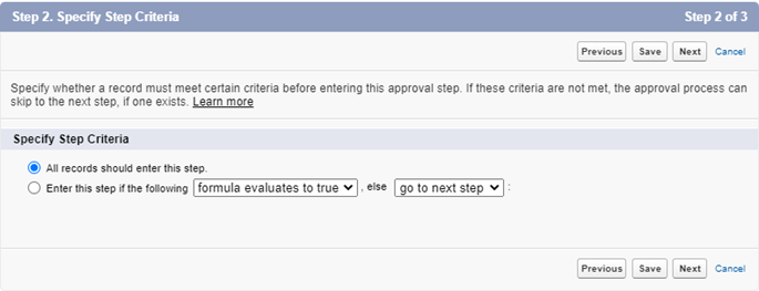 Screenshot: Step 2 of approval step edit process: specify step criteria