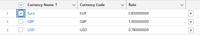 Screenshot: Selecting the checkbox next to a currency on the Exchange Rates page