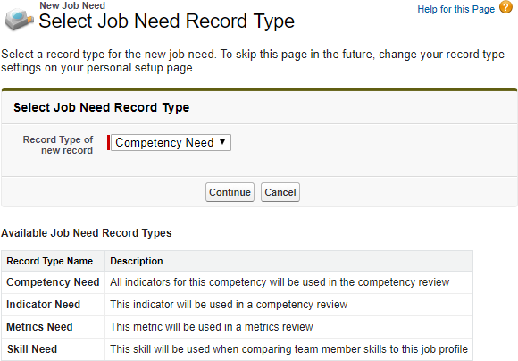 Screenshot: Selecting the record type for a new job need