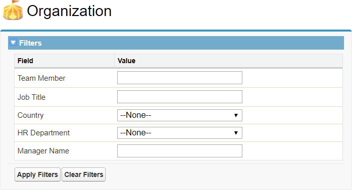 Screenshot: The Filters section expanded on the Organization home page