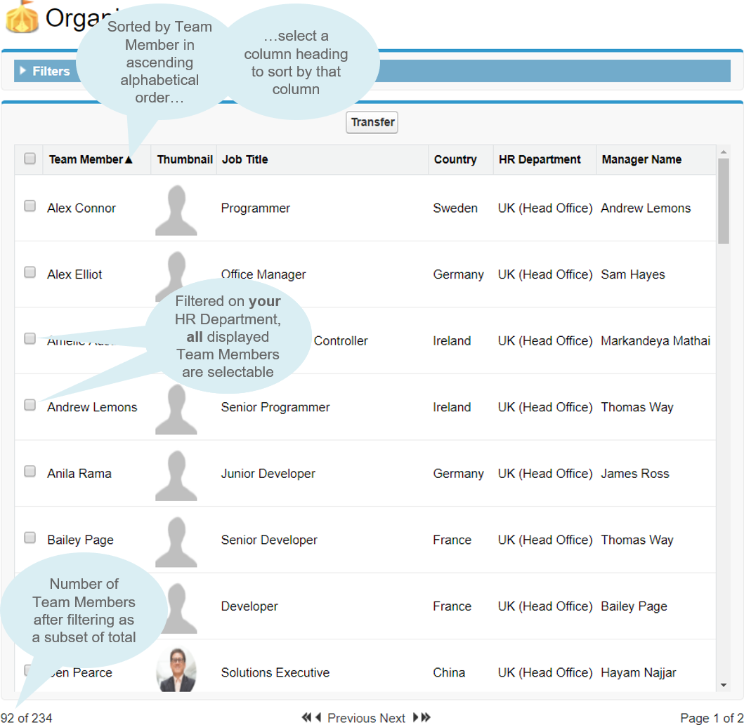 Annotated screenshot: Filtered records on the Organization home page