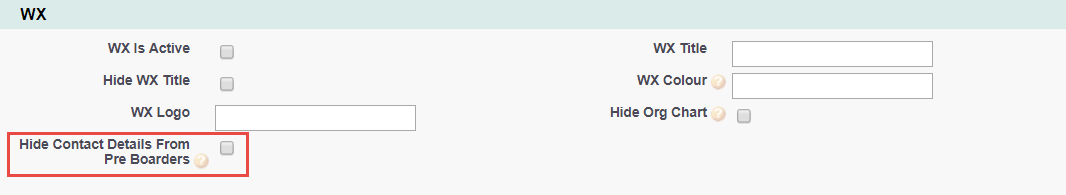 Screenshot: WX section on a Policy page, Hide Contact Details From Pre Boarders highlighted