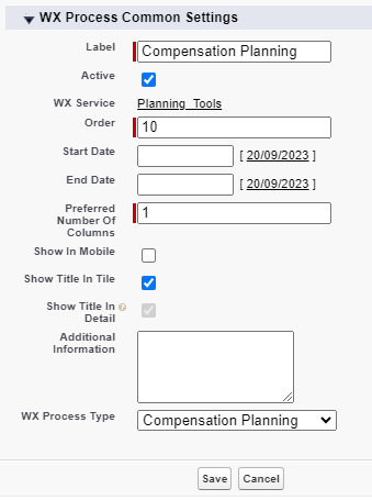 Screenshot: create a WX process for compensation planning