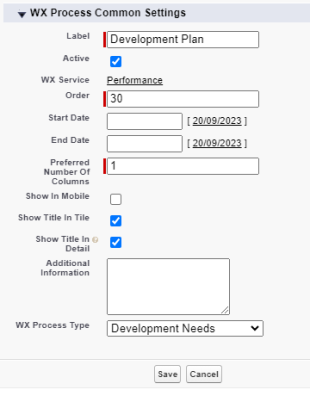 Screenshot: creating a WX process for Development Needs