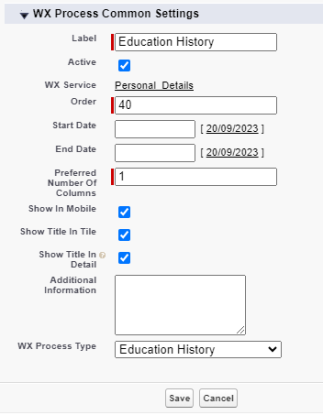 Screenshot: creating a WX process for education history