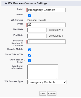 Screenshot: creating a WX process for emergency contacts