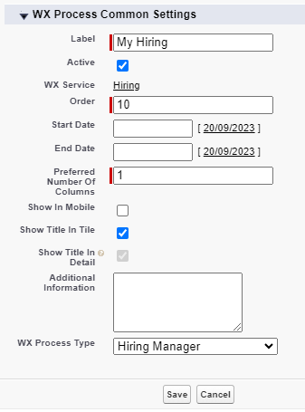 Screenshot: creating a WX process for hiring manager