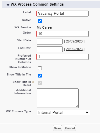 Screenshot: creating a WX process for Internal Portal