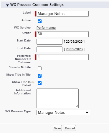 Screenshot: creating a WX process for Manager Notes