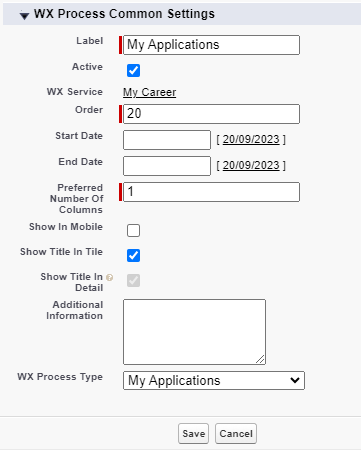 Screenshot: creating a WX process for My Applications