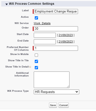 Screenshot: creating a WX process for People Management Workflow (HR Requests)