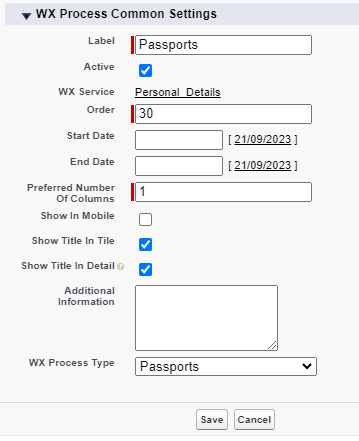 Screenshot: creating a WX process for Passports