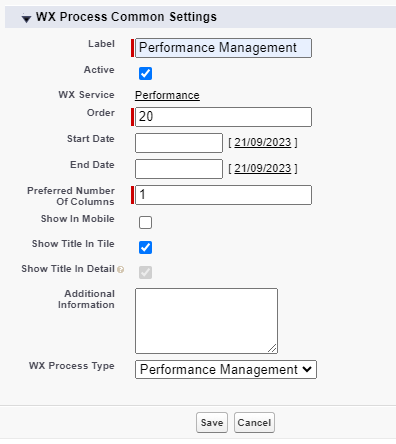 Screenshot: creating a WX process for Performance Management