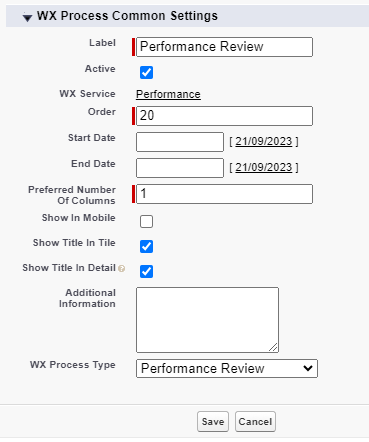 Screenshot: creating a WX process for Performance Review