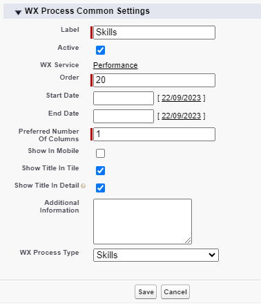 Screenshot: creating a WX process for Skills