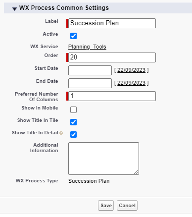 Screenshot: creating a WX process for Succession Plan