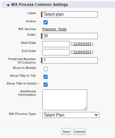 Screenshot: creating a WX process for Talent Plan