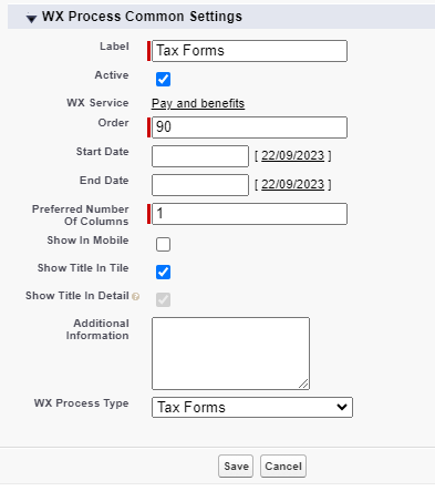 Screenshot: creating a WX process for Tax Forms