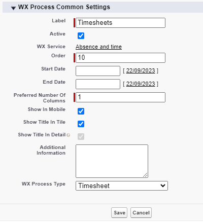 Screenshot: creating a WX process for Timesheet