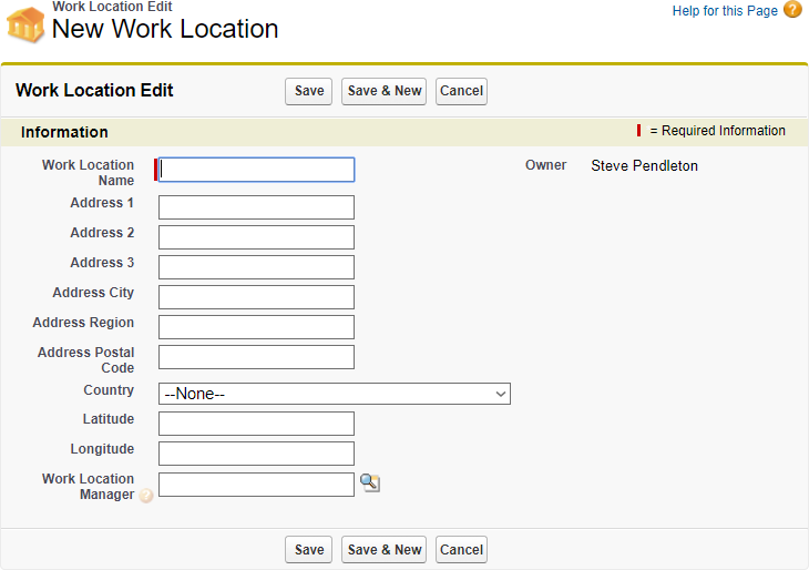 Screenshot: Work Location Edit page