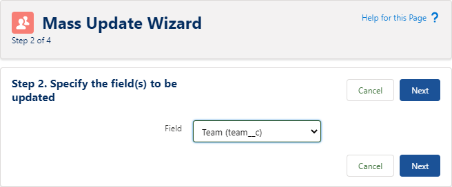 Screenshot: Selecting the Team field to be updated