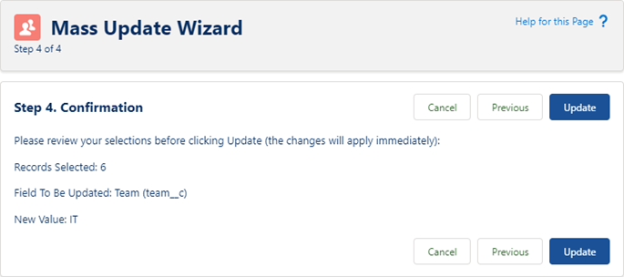 Screenshot: Confirmation screen of the change to be made in step 4 of the mass update wizard