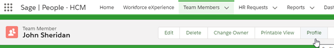 Screenshot: The Profile button at the top of a Team Member detail page in HR Manager portal