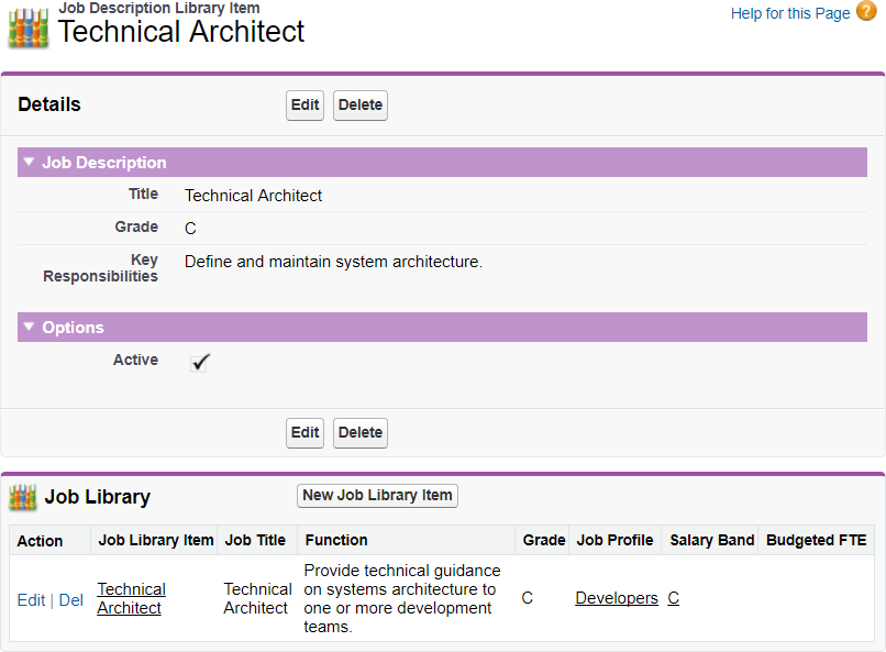 Screenshot: Job Library Related List on Job Description Library Item detail page