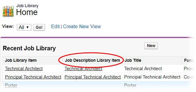 Annotated screenshot: Job Description Library Item column on the Job Library home page