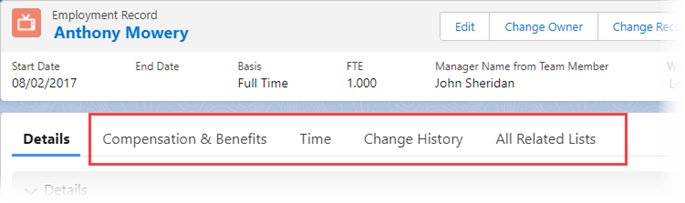 Screenshot: Compensation & Benefits, Time, Change History, and All Related Lists tab group headings on an Employment Record page